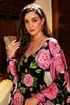 Buy_Sanam_Black Silk V-neck Audrey Large Blossom Pattern Kaftan And Pant Set _Online_at_Aza_Fashions