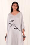 Buy_AK-OK_Grey Silk Printed Typographic V Neck Kaftan Dress  _Online_at_Aza_Fashions