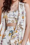 Buy_Label Deepika Nagpal_White Silk Linen Printed Floral Jacket  Cascade Notched Almond Shorts Set _Online_at_Aza_Fashions