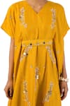 Buy_Meghna Shah_Yellow Denim Beads, Stones V-neck Hand Embroidered Kaftan Dress With Belt _Online_at_Aza_Fashions