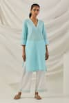 Buy_TIC_Blue Cotton Embroidered Chikankari V Neck Kurta Set With Contrast Dupatta _Online_at_Aza_Fashions