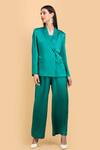 Buy_Label Ivish_Green Silk, Satin Round Neck Lapel Collar Blazer Trouser Set _Online_at_Aza_Fashions
