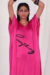 Buy_AK-OK_Pink Silk Printed Typographic V Neck Kaftan Dress _Online_at_Aza_Fashions