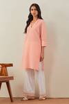 Buy_The Indian Cause_Peach Cotton Embroidery Thread V Neck Kali Kurta And Palazzo Set _Online_at_Aza_Fashions