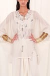 Buy_AK-OK_White Silk Embroidered Thread Kurta  Notched Yoke Skirt Set  _Online_at_Aza_Fashions