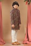 Buy_Kora By Nilesh Mitesh_Maroon Velvet, Cotton Sequins, Embroidery Mughal Print Sherwani Set_Online_at_Aza_Fashions