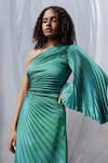 Buy_ZWAAN_Green Satin Plain One Shoulder Pleated Asymmetric Gown  _Online_at_Aza_Fashions