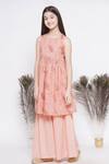 Little Bansi_Peach Cotton, Net, Lurex Sequins Embroidered Kurta Sharara Set _at_Aza_Fashions