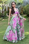 Buy_SANAM_Green Pure Silk Printed And Hand Embroidered Bloom Flower Giselle Lehenga Set _Online_at_Aza_Fashions