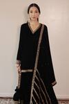 Buy_Shrutkirti_Black Silk, Velvet Embroidery, Sequins V-neck Kurta Set With Dupatta_Online_at_Aza_Fashions