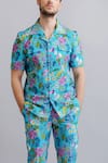 Nautanky_Blue 100% Fine Cotton Printed Floral Safari Shirt And Pant Set _at_Aza_Fashions