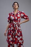 Buy_KoAi_Red Poplin Cotton Straight Collar Floral Print Tunic _at_Aza_Fashions