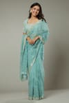 Buy_I am Design_Blue Silk Organza Hand Embroidered Floral Pattern Peppermint Candy Saree_Online_at_Aza_Fashions