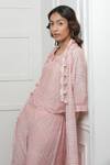 Buy_Myoho_Pink Cotton, Silk Tassels Open Neck, Jagged Striped Pattern Jacket And Pant Set_Online_at_Aza_Fashions