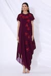 Urvashi Joneja_Purple Georgette Embellished 3d Floral Applique Round Draped Dress _Online_at_Aza_Fashions