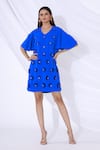 Shop_Urvashi Joneja_Blue Crepe Embellished 3d Floral Applique V Neck Shift Dress _Online_at_Aza_Fashions