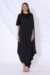 Urvashi Joneja_Black Satin Round Textured Draped Dress _Online_at_Aza_Fashions