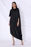 Buy_Urvashi Joneja_Black Satin Round Textured Draped Dress _Online_at_Aza_Fashions