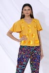 Buy_Urvashi Joneja_Yellow Crepe Embellished 3d Applique V Neck Top  _at_Aza_Fashions