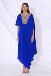 Urvashi Joneja_Blue Georgette Embellished V Neck Draped Dress  _Online_at_Aza_Fashions