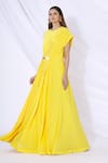 Buy_Urvashi Joneja_Yellow Georgette Round Pleated Draped Gown  _at_Aza_Fashions