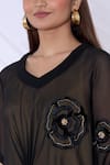 Urvashi Joneja_Black Georgette Embroidered 3d Floral Motif Round Draped Dress  _at_Aza_Fashions