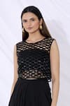 Buy_Urvashi Joneja_Black Silk Embellished Bead Round Cutuot Crop Top  _at_Aza_Fashions