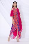 Buy_Urvashi Joneja_Pink Georgette Printed Scallop Motif V Cold Shoulder Asymmetric Dress  _Online_at_Aza_Fashions