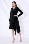 Buy_Urvashi Joneja_Black Crepe Embroidered Placement Ruffle Draped Jacket Dress  _at_Aza_Fashions