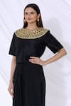 Buy_Urvashi Joneja_Black Silk Embroidered Gold Tone Thread Round Top  _at_Aza_Fashions