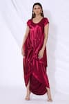 Buy_Urvashi Joneja_Red Satin Round Asymmetric Draped Dress  _Online_at_Aza_Fashions