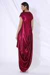 Shop_Urvashi Joneja_Red Satin Round Asymmetric Draped Dress _at_Aza_Fashions