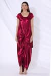 Urvashi Joneja_Red Satin Round Asymmetric Draped Dress _Online_at_Aza_Fashions