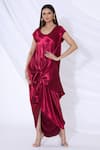 Buy_Urvashi Joneja_Red Satin Round Asymmetric Draped Dress  _at_Aza_Fashions