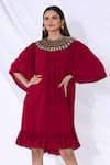 Buy_Urvashi Joneja_Maroon Georgette Embroidered Placement Round Short Dress  _at_Aza_Fashions