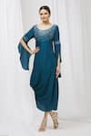 Buy_Aariyana Couture_Blue Slub Silk Round Cowl Draped Tunic _at_Aza_Fashions