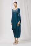 Aariyana Couture_Blue Slub Silk Round Cowl Draped Tunic _at_Aza_Fashions