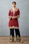 Buy_Torani_Maroon Slub , Pure Satin Bhagalpuri Gulghast Shiraz Kurta Pant Set _Online_at_Aza_Fashions