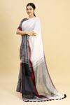 Buy_Paksh_White Color Block Linen Saree_at_Aza_Fashions