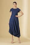 Buy_Aariyana Couture_Blue Linen Cotton Round Draped Dress _at_Aza_Fashions