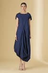 Buy_Aariyana Couture_Blue Linen Cotton Round Draped Dress _Online_at_Aza_Fashions