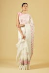 Buy_Pinki Sinha_White Linen Floral Embroidered Saree_at_Aza_Fashions