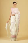 Pinki Sinha_White Linen Floral Embroidered Saree_Online_at_Aza_Fashions