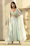 Aariyana Couture_Blue Cape Satin Organza Pant Crepe Blouse Dupion V And Draped Set  _Online_at_Aza_Fashions