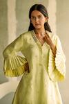 Aariyana Couture_Green Kurta Linen Satin Pant Cotton Silk V Embroidered Asymmetric And Set _Online_at_Aza_Fashions