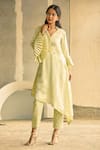 Shop_Aariyana Couture_Green Kurta Linen Satin Pant Cotton Silk V Embroidered Asymmetric And Set _at_Aza_Fashions