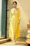 Ariyana Couture_Yellow Cotton Silk Mandarin Collar Embroidered Draped Tunic For Women_Online_at_Aza_Fashions