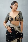 Buy_Torani_Black Slub Silk Bhagalpuri Floral Motifs Plunge Gulghast Huma Printed Blouse _at_Aza_Fashions