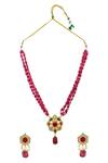 Shop_Just Shradhas_Gold Plated Beads Kundan Floral Pendant Necklace Set _at_Aza_Fashions
