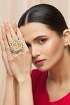 Shop_Just Shradhas_Gold Plated Pearls Kundan Crescent Moon Ring _at_Aza_Fashions